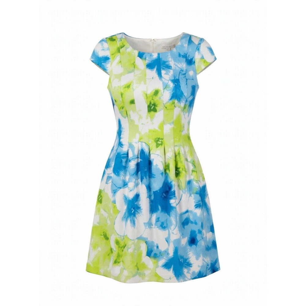 SANDRA DARREN 10 Blue Green White Floral Dress Short A-Line Cocktail Spring